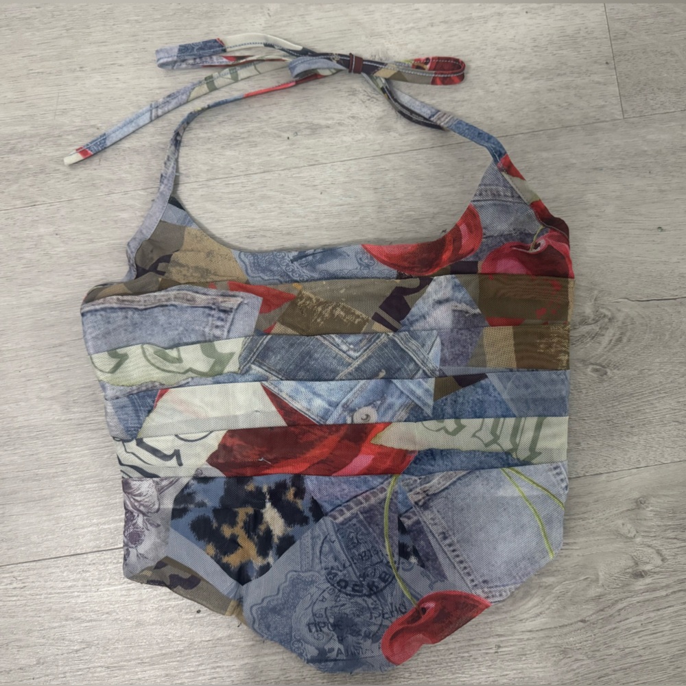 I.AM.GIA Multicolor Patchwork Halter Crop Top - Blue, Red, Tan